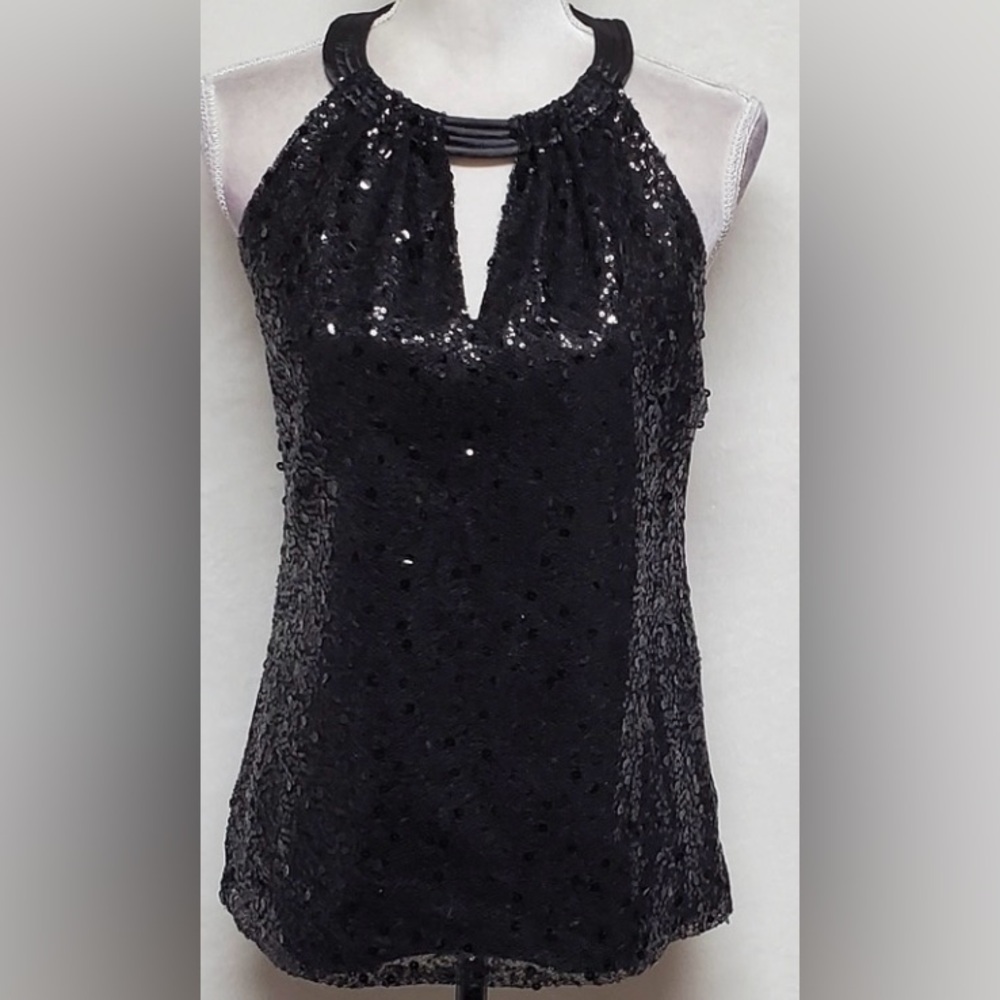 Tahari Sequin Sleeveless Halter Top L Black Evening Wear Formal Glam Date